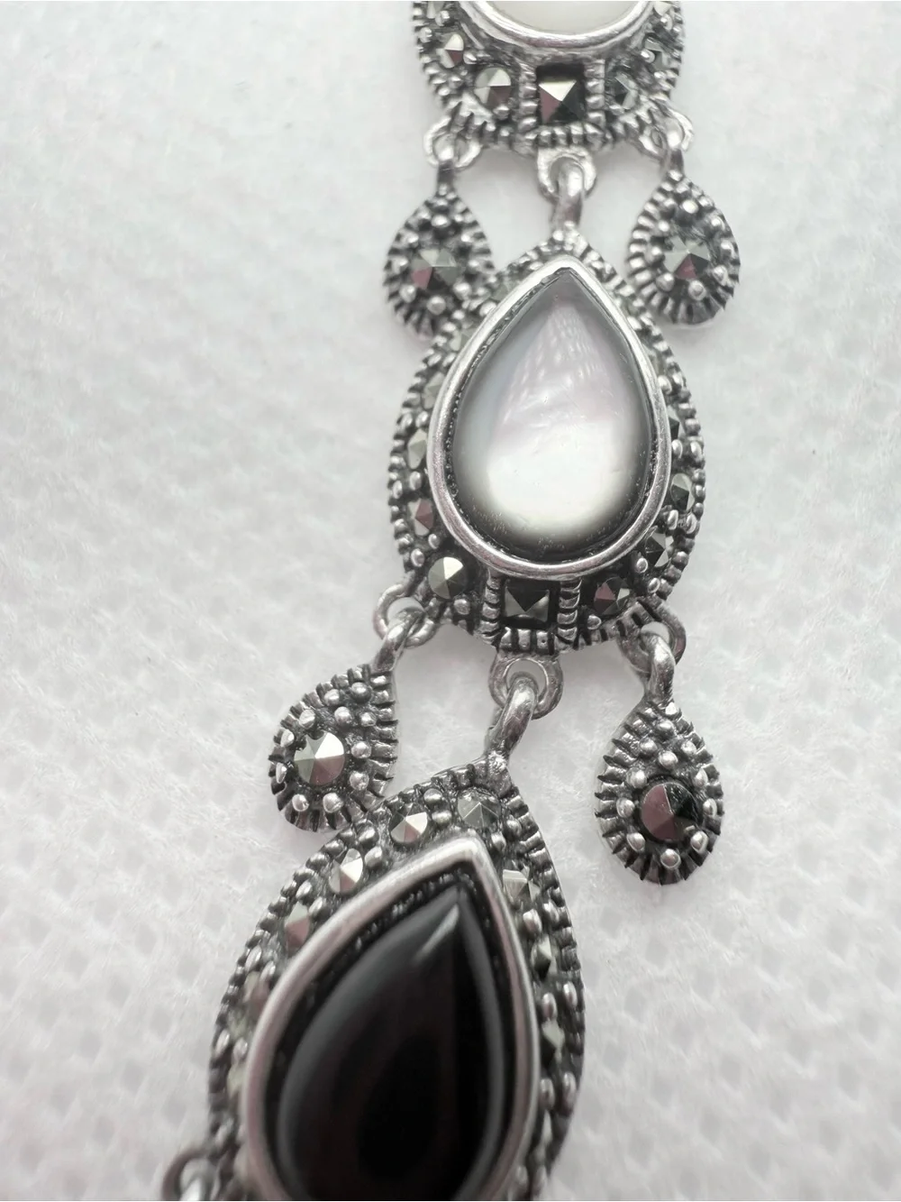 Vintage Italian Art Deco Marcasite Onyx Mother of Pearl Chandelier Drop Necklace